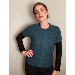 Barney’s New York Soft Chunky Knit Wool Blend Short Sleeve Sweater Teal ~  Sz S